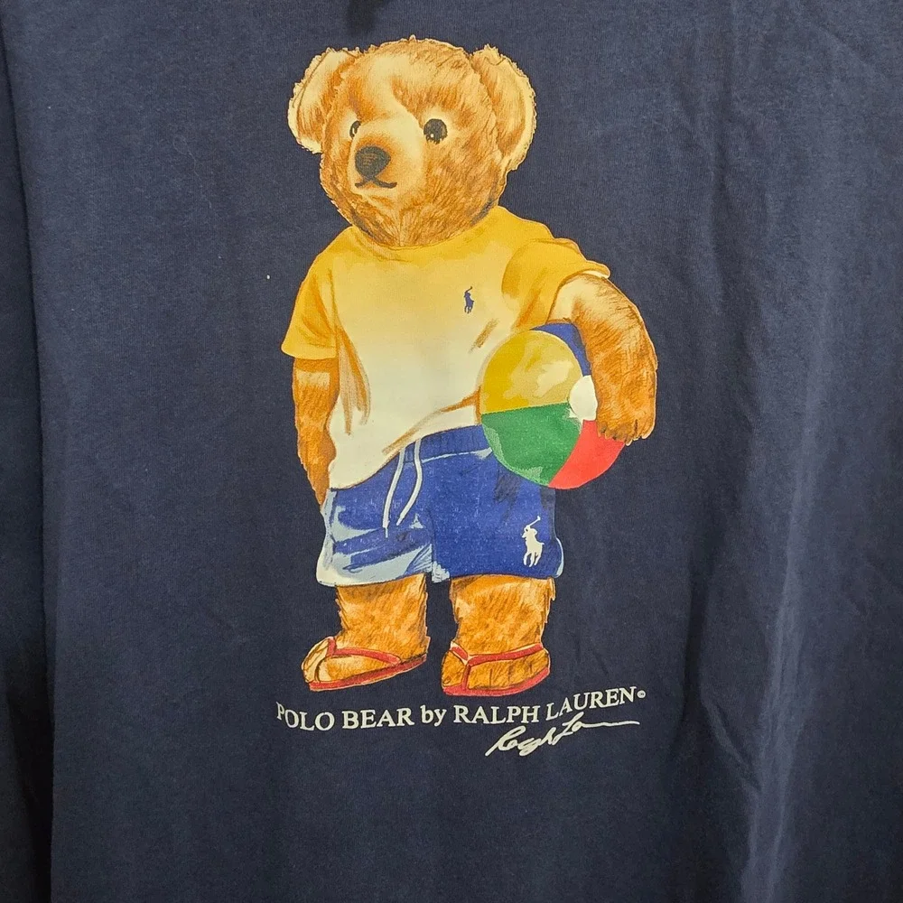 Polo Ralph Lauren Mens XL Navy Blue Polo Bear‎ Beach Ball Hooded T-Shirt Hoodie